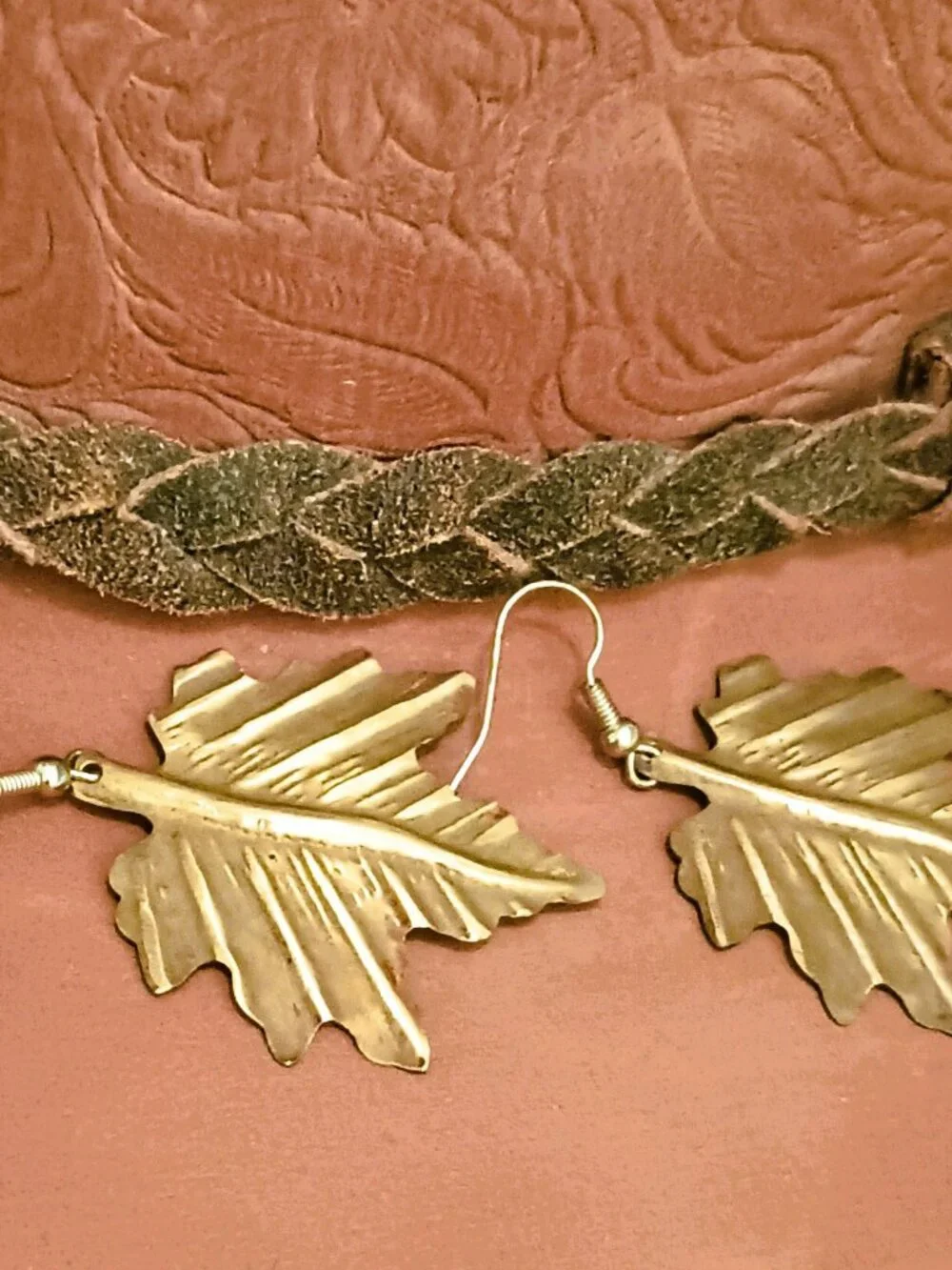 Handmade Dangle Leaf Earrings Vintage Gold Tone Crimped Metal Boho Jewelry